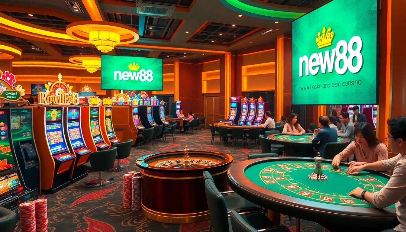 Players enjoying games at new88 casino, featuring vibrant slot machines and thrilling roulette tables.