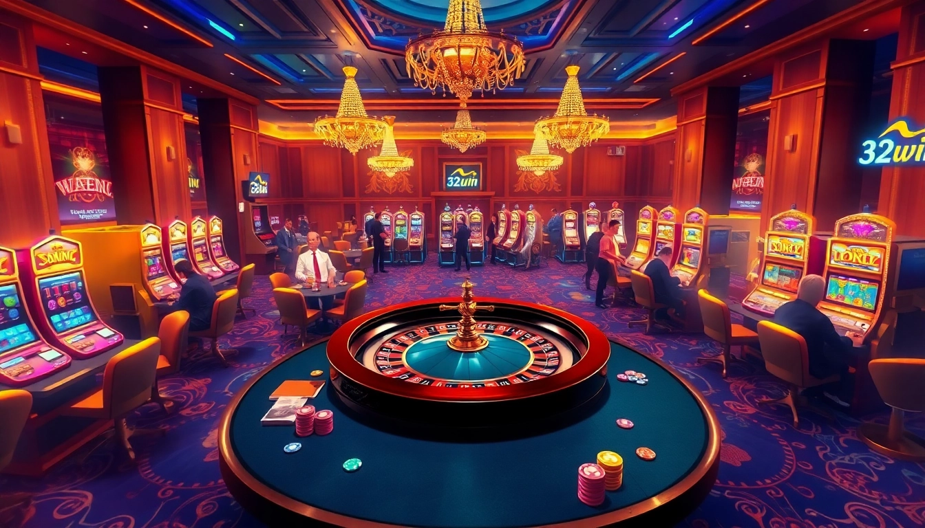 32win captures the thrill of high-stakes casino gambling with players at a roulette table and vibrant slot machines.