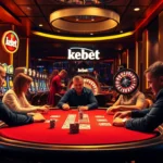 Experience the excitement of kebet as players engage in a high-stakes poker game in a luxurious casino atmosphere.