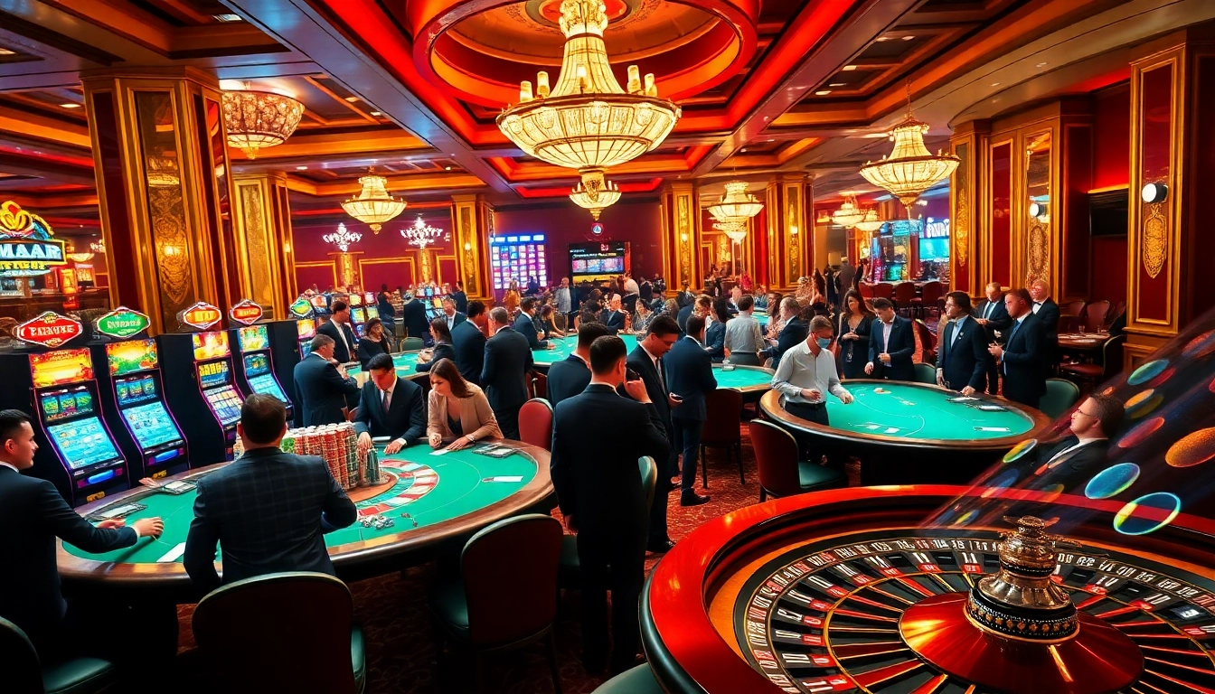 Players enjoying the thrilling atmosphere of New88's casino, showcasing poker tables, vibrant slots, and exciting gameplay.