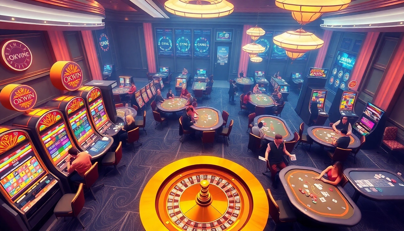 Experience the thrill of okwin in a luxurious casino setting with vibrant slot machines and poker tables.