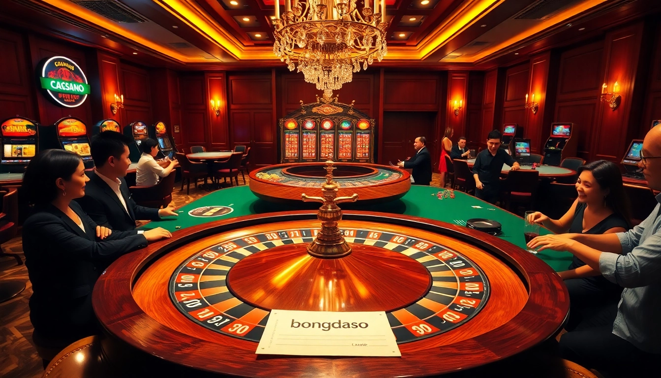 bongdaso players exhilarated at a bustling roulette table in a dazzling casino filled with slot machines.