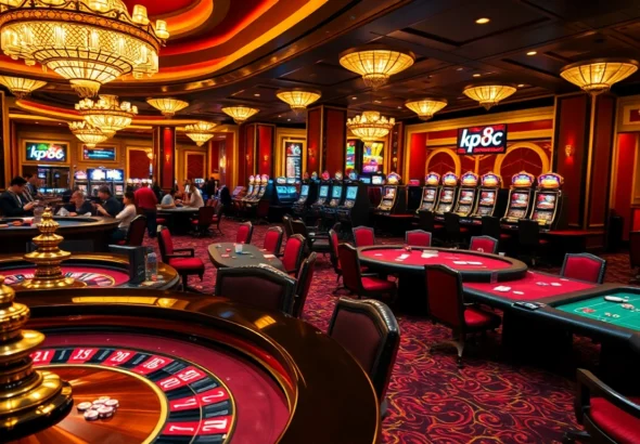Experience kp88 at its finest with players engaging at lavish casino tables and slot machines.