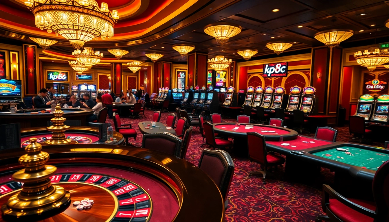 Experience kp88 at its finest with players engaging at lavish casino tables and slot machines.