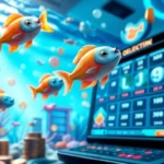 Experience the thrill of Bắn cá Kuwin in a dynamic online gambling setting, featuring animated fish and vibrant casino elements.