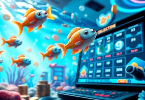 Experience the thrill of Bắn cá Kuwin in a dynamic online gambling setting, featuring animated fish and vibrant casino elements.