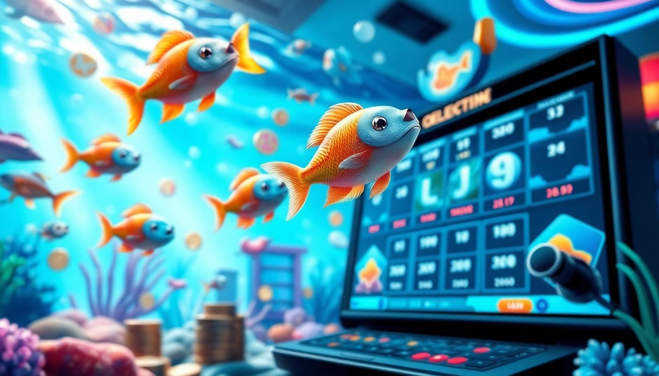 Experience the thrill of Bắn cá Kuwin in a dynamic online gambling setting, featuring animated fish and vibrant casino elements.