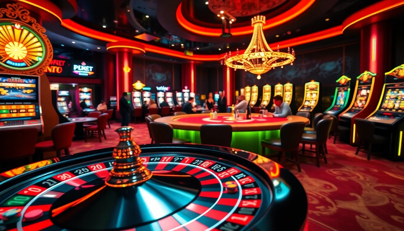 Place your bets at https://ea77.lat/ with an exciting casino scene showcasing poker and roulette.
